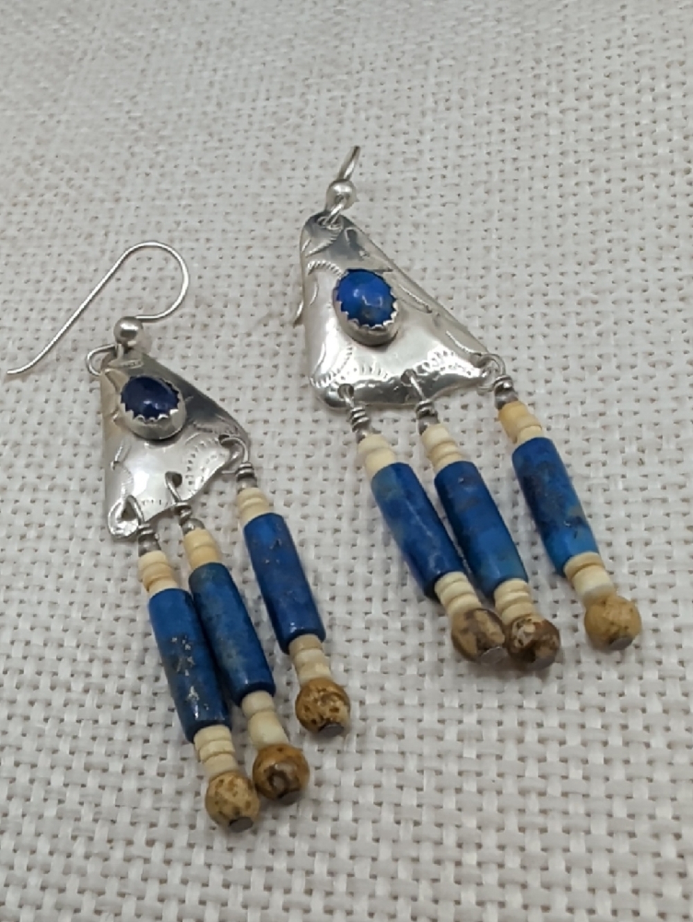 Vintage Sterling 925 Lapis Southwestern Fringe Long Drop Earrings Boho 1990s - Picture 9 of 17